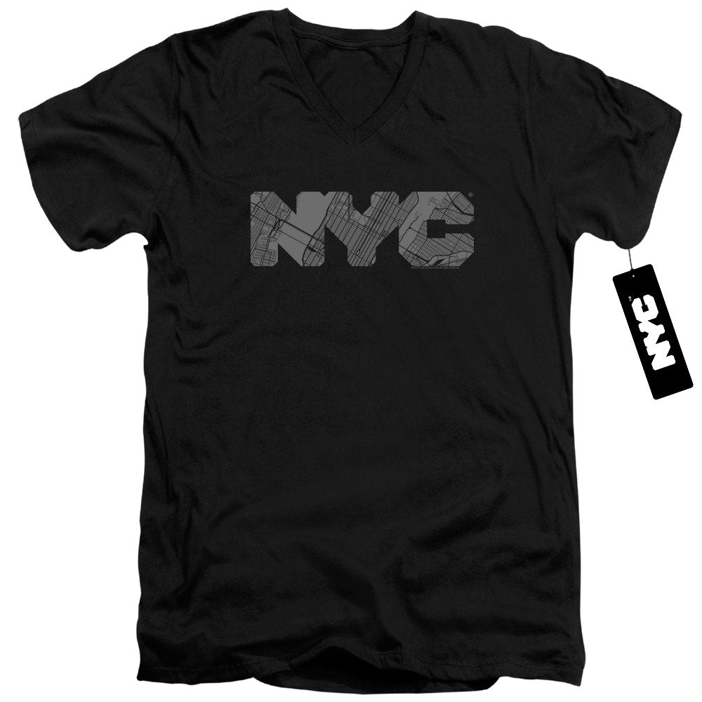 NYC Slim Fit V-Neck T-Shirt Grey Text Map Fill Black Tee