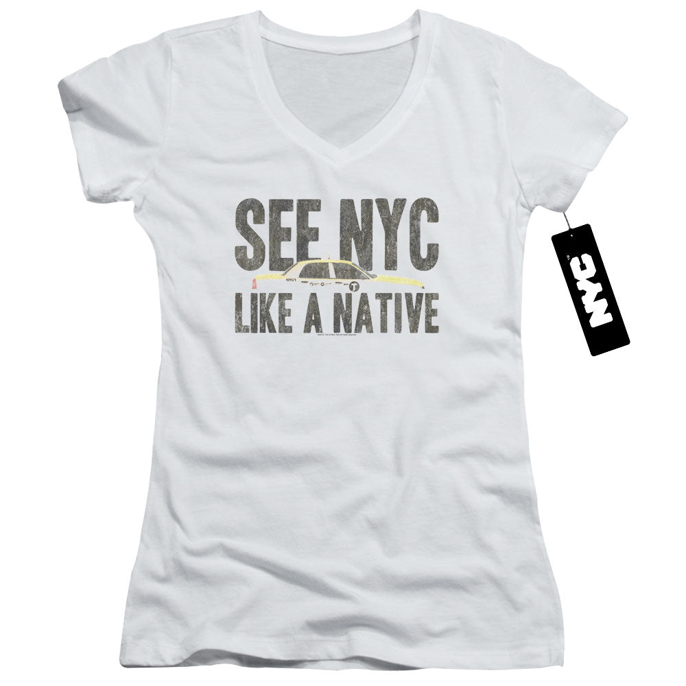 NYC Juniors V-Neck T-Shirt New York City Like A Native Taxi White Tee