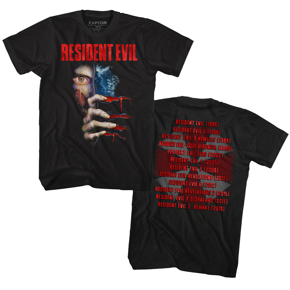 Resident Evil Release Dates Front and Back Adult Black Tall Tee