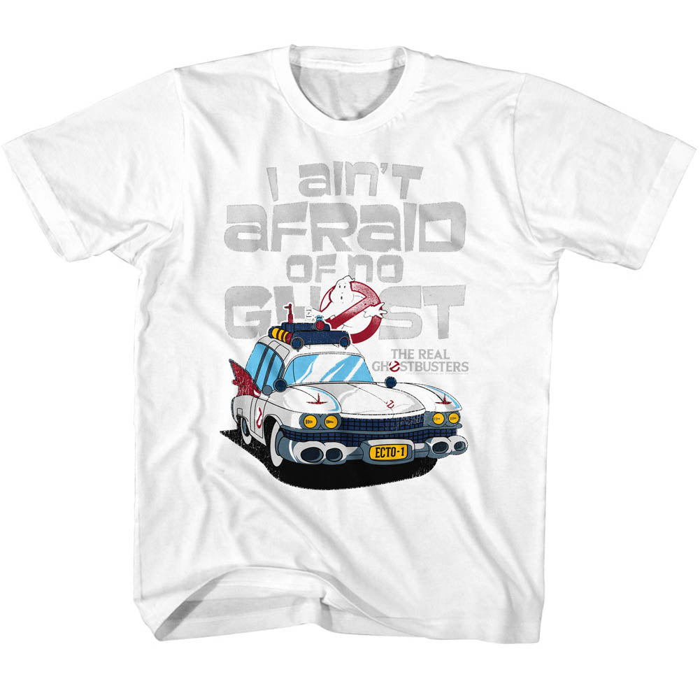 The Real Ghostbusters Kids T-Shirt Ecto 1 Ain't Afraid White