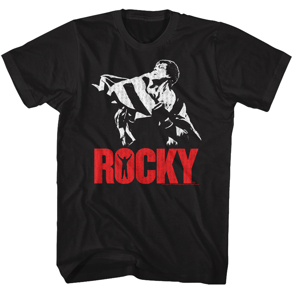 Rocky T-Shirt Holding American Flag Outline Red Logo Black Tee