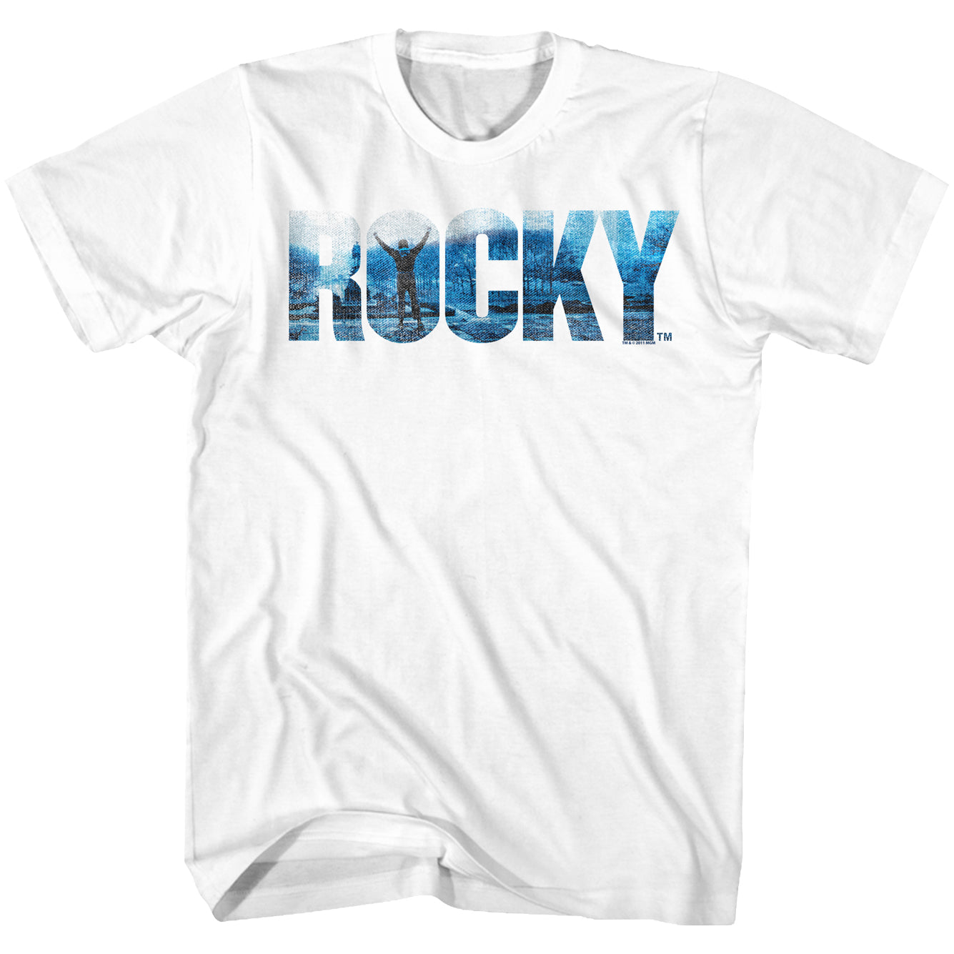 Rocky Tall T-Shirt Distressed Logo Philadelphia Top Of Stairs White Tee