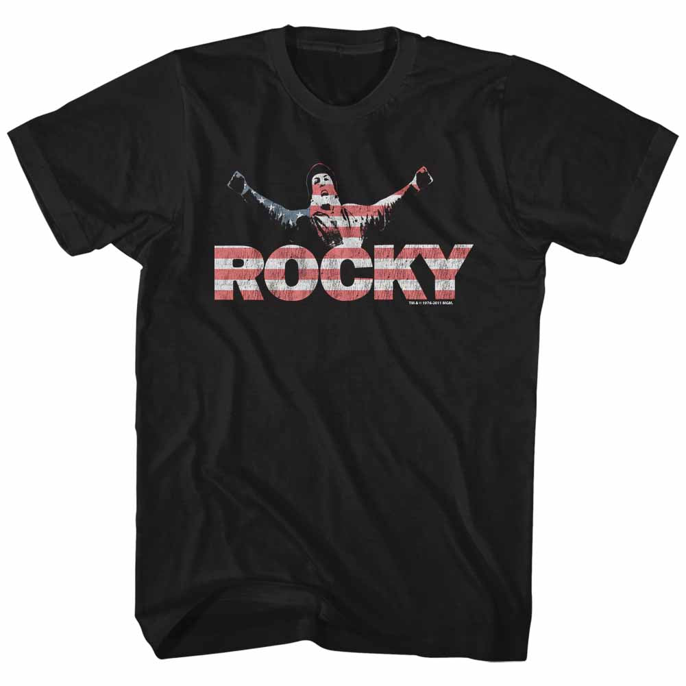 Rocky Tall T-Shirt Distressed Patriotic Logo Black Tee