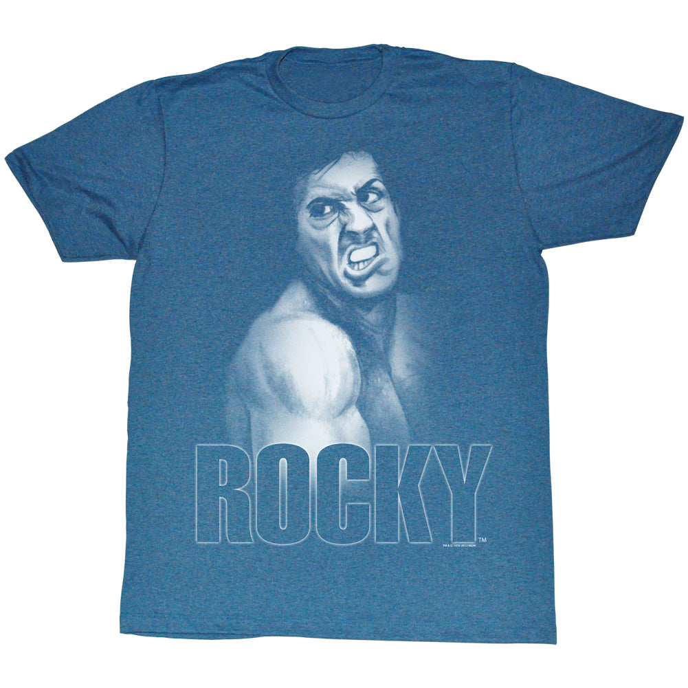 Rocky T-Shirt Distressed White Drawing Portrait Pacific Blue Hea