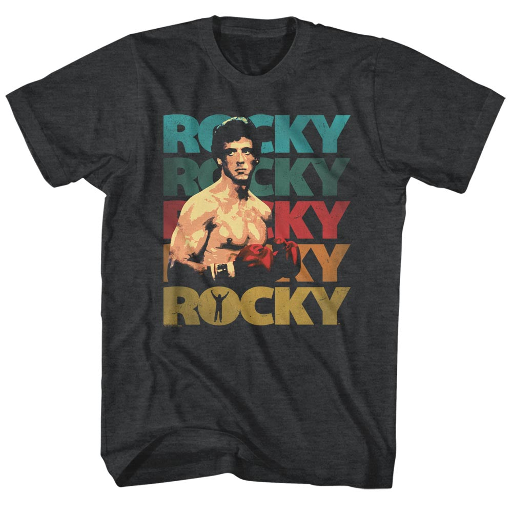 Rocky T-Shirt Distressed 70's Color Logo Black Heather Tee