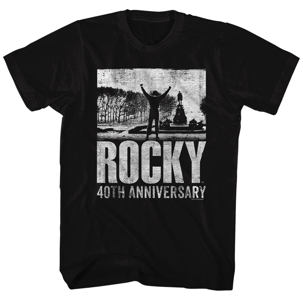 Rocky Tall T-Shirt Distressed 40th Anniversary Top Of Stairs Black Tee