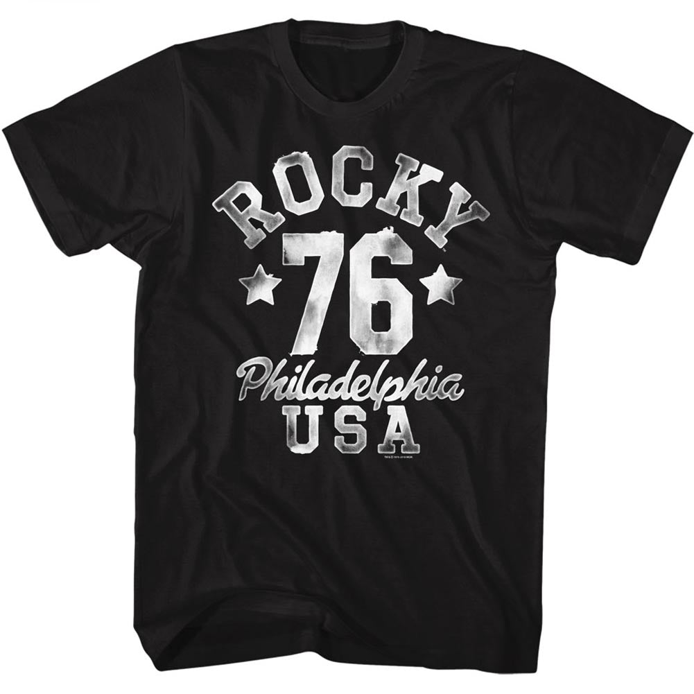 Rocky Tall T-Shirt Distressed Splotchy 76 Logo Black Tee