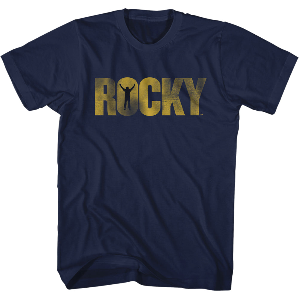 Rocky T-Shirt Distressed Faded Yellow Logo Navy Tee