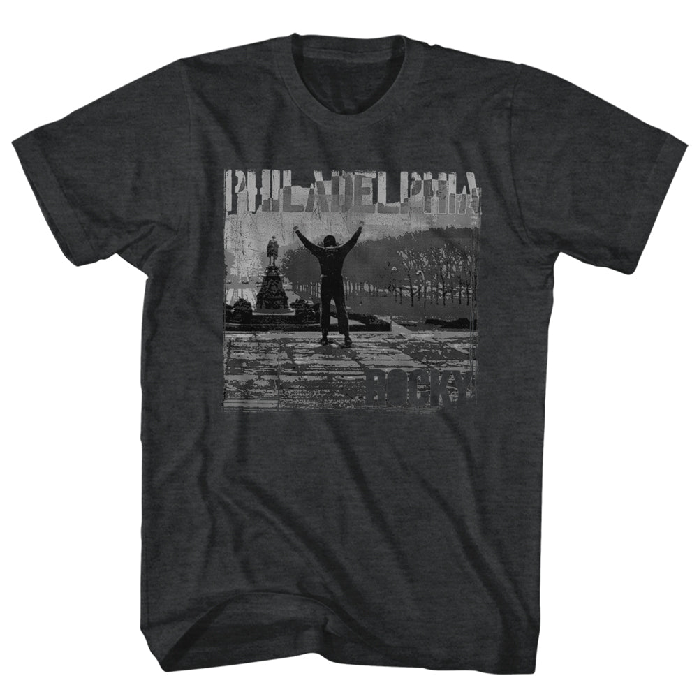 Rocky Tall T-Shirt Distressed Philadelphia Top Of Stairs Black Heather Tee