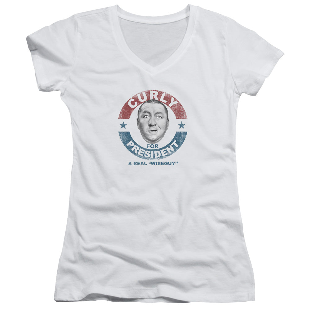 Three Stooges Juniors V-Neck T-Shirt Curly for President White Tee