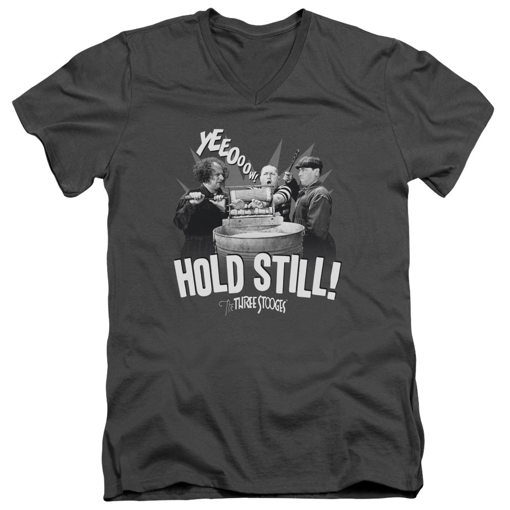 Three Stooges Slim Fit V-Neck T-Shirt Hold Still Charcoal Tee