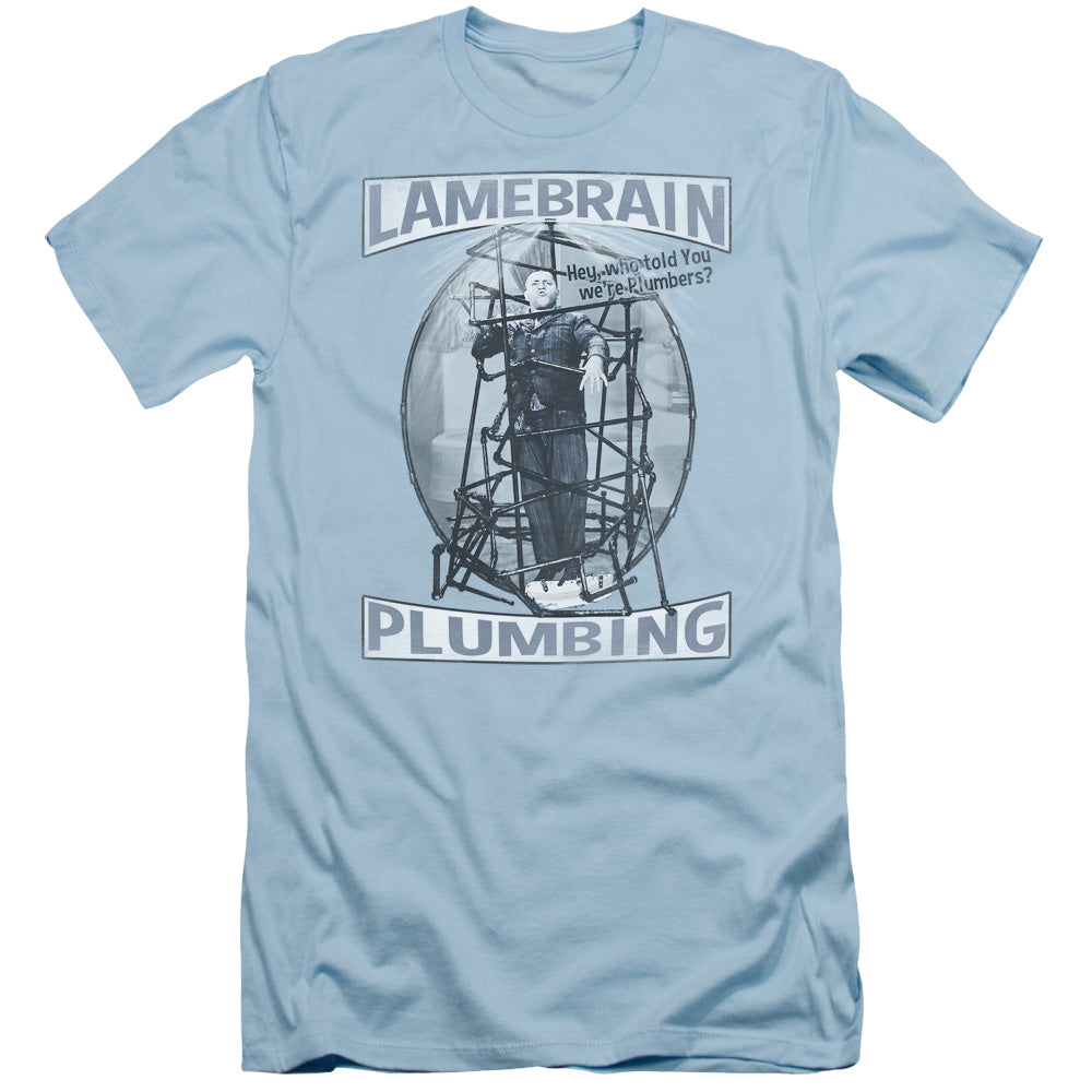 Three Stooges Slim Fit T-Shirt Lame Brain Plumbing Light Blue Tee