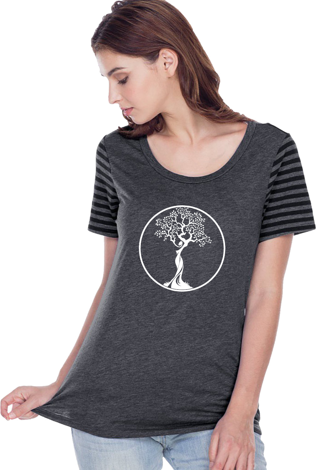 White Tree of Life Circle Striped Multi-Contrast Yoga Tee