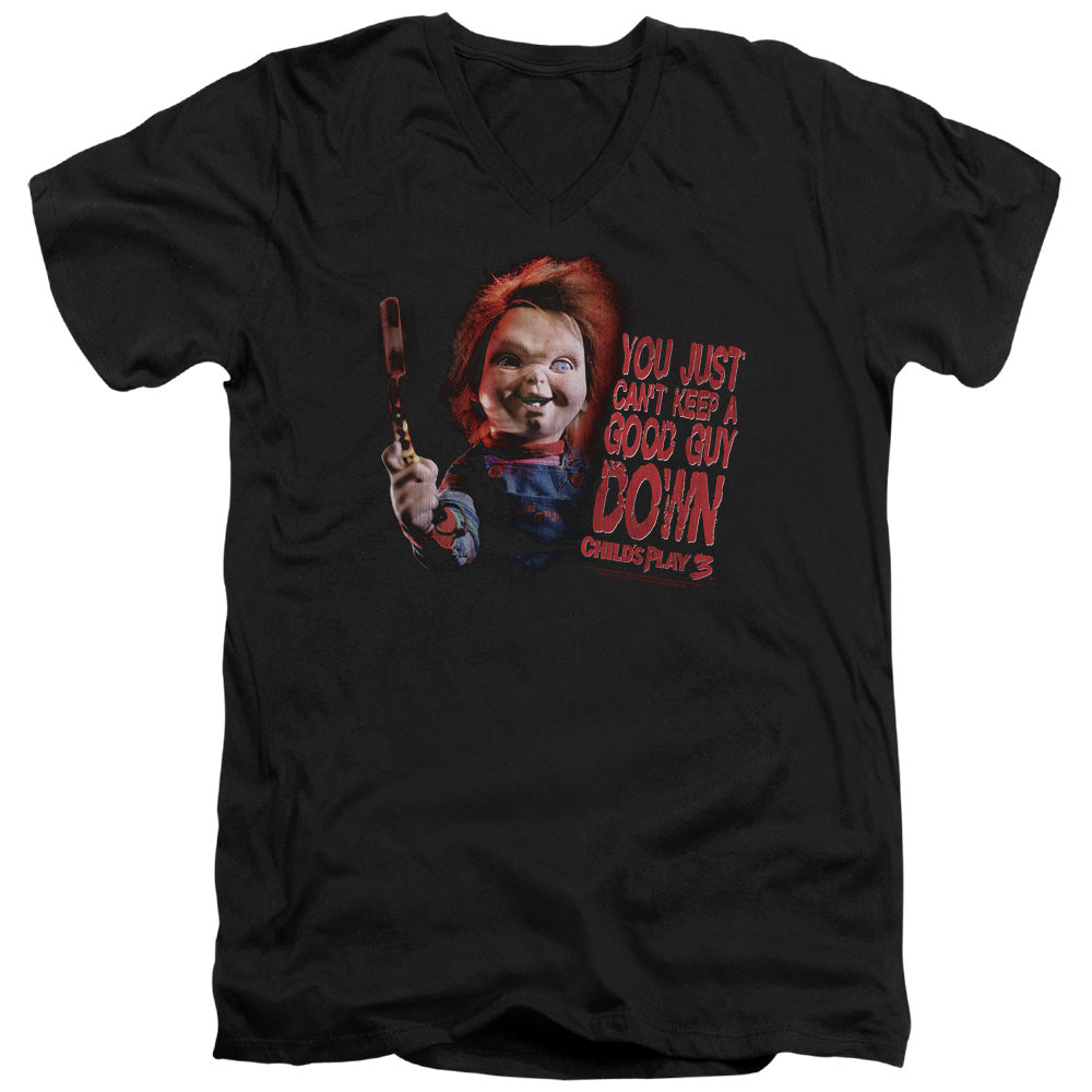 Childs Play Slim Fit V-Neck T-Shirt Can't Keep a Good Guy Down Black Tee