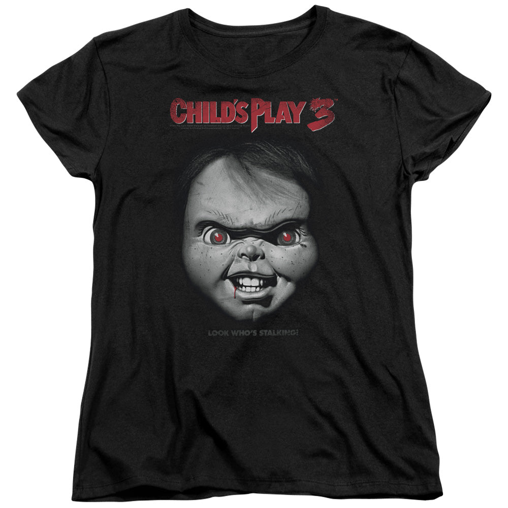 Childs Play Womens T-Shirt Chucky Look Whos Stalking Black Tee