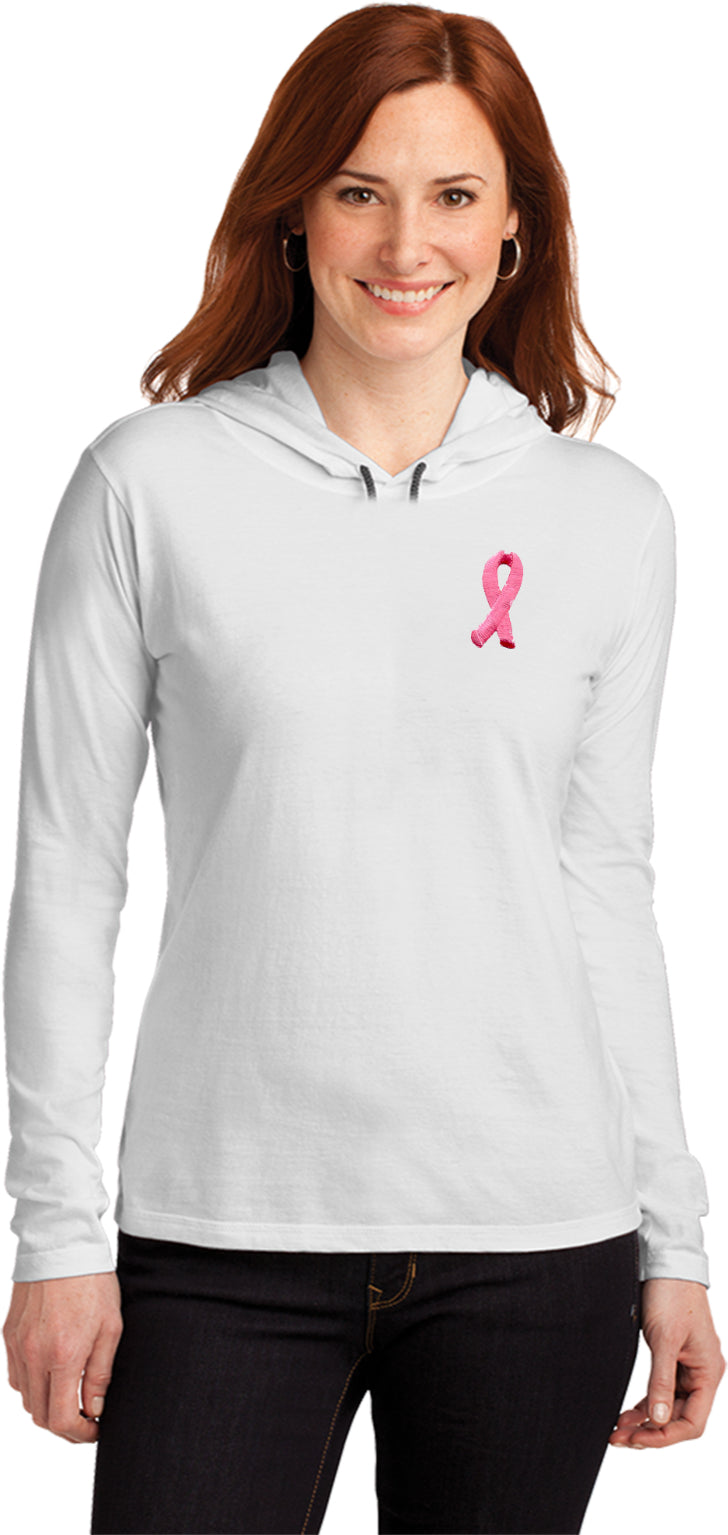 Ladies Breast Cancer Tee Embroidered Pink Ribbon Hooded Shirt