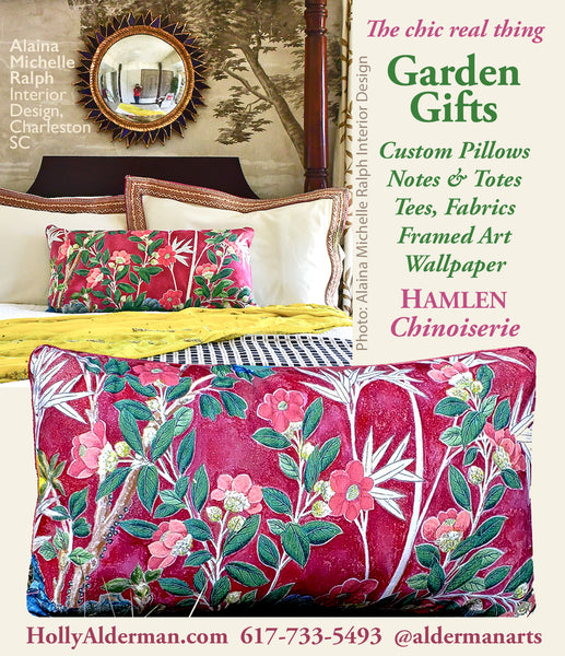 Holly Alderman, Hamlen Chinoiserie pillow at Aspire Show House McLean, Garden Club of America Bulletin, fall 2020 ad