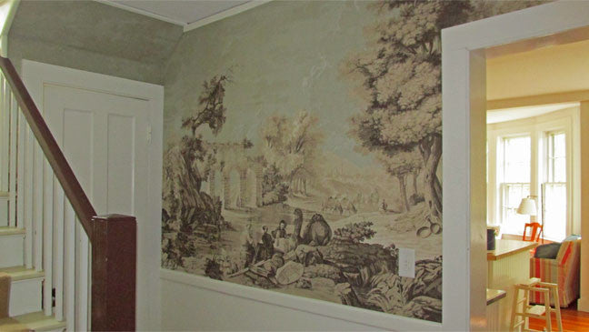 Holly Alderman Wallpaper new Dufour Views of Antiquity Dublin blue sky sepia