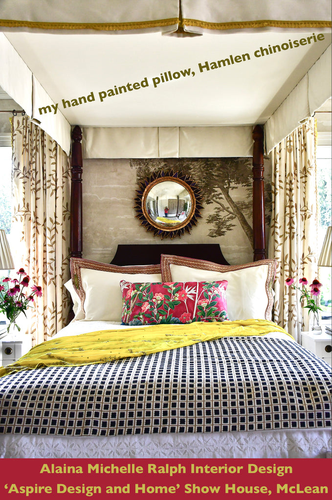 Aspire magazine Alaina Michwelle Ralph, Holly Alderman my hand painted pillow Hamlen Chinoiserie