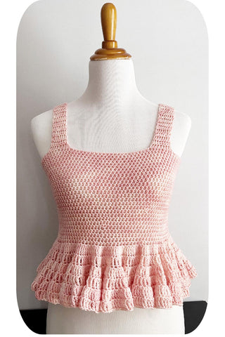 Peplum top crochet pattern by Fiber Flux (Cherry Blossom yarn from Global Backyard)