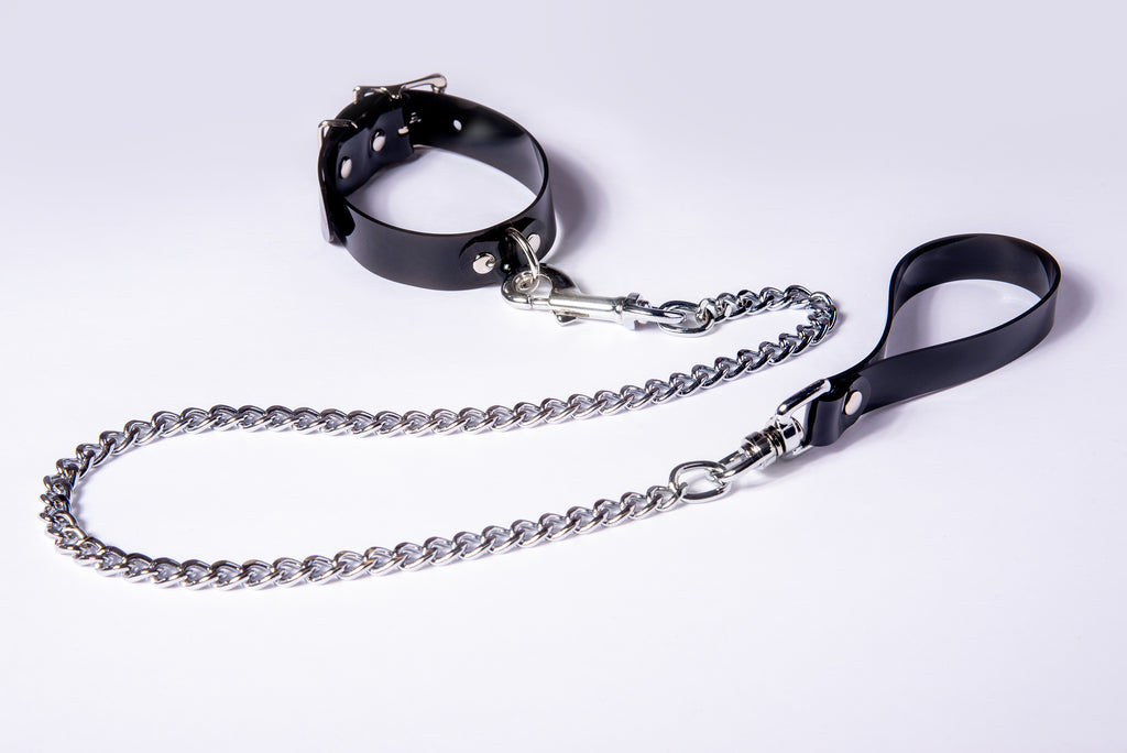 Apatico Chain Leash And Collar Set Gothic Black Pvc Leather 