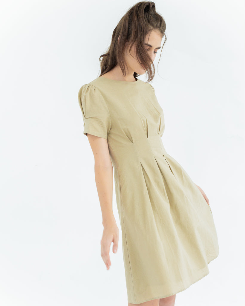 Pleated Waist A Line Midi Dress (Light Khaki)