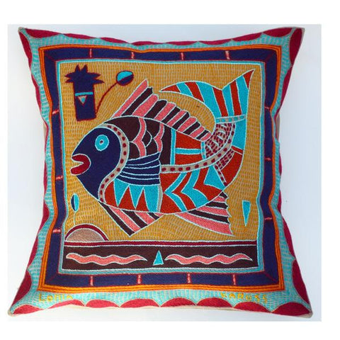 Navy, turquoise and wine cushion cover, hand-embroidered with fish design