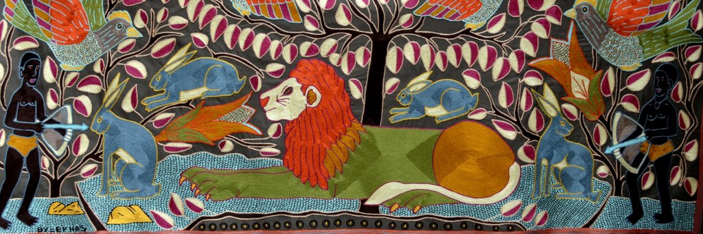Kaross embroidered cloth The Lion Hunt - detail of lion and men hunting