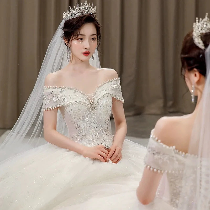 High End Ball Gown Dresses Off Shoulder Beads Pearls