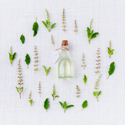 A small glass bottle artfully surrounded by herbs and leaves