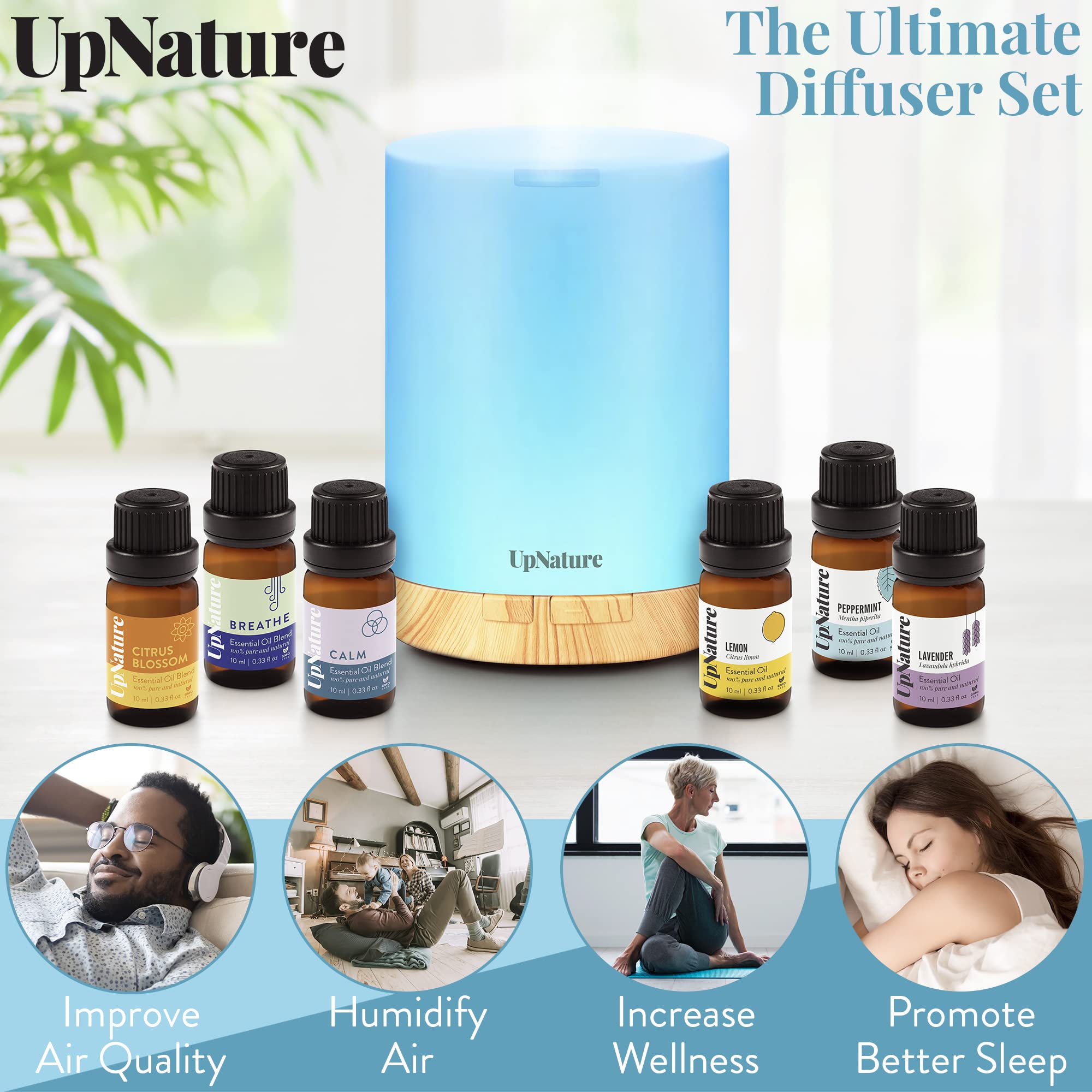 UpNature Aromatherapy Oil Diffuser & Humidifier with 6 Premium Essential Oils Set - 300ml XL Essential Oil Diffuser for Large Room - Mothers Day Gift, Birthday Gift, Christmas Gifts for Women & Men