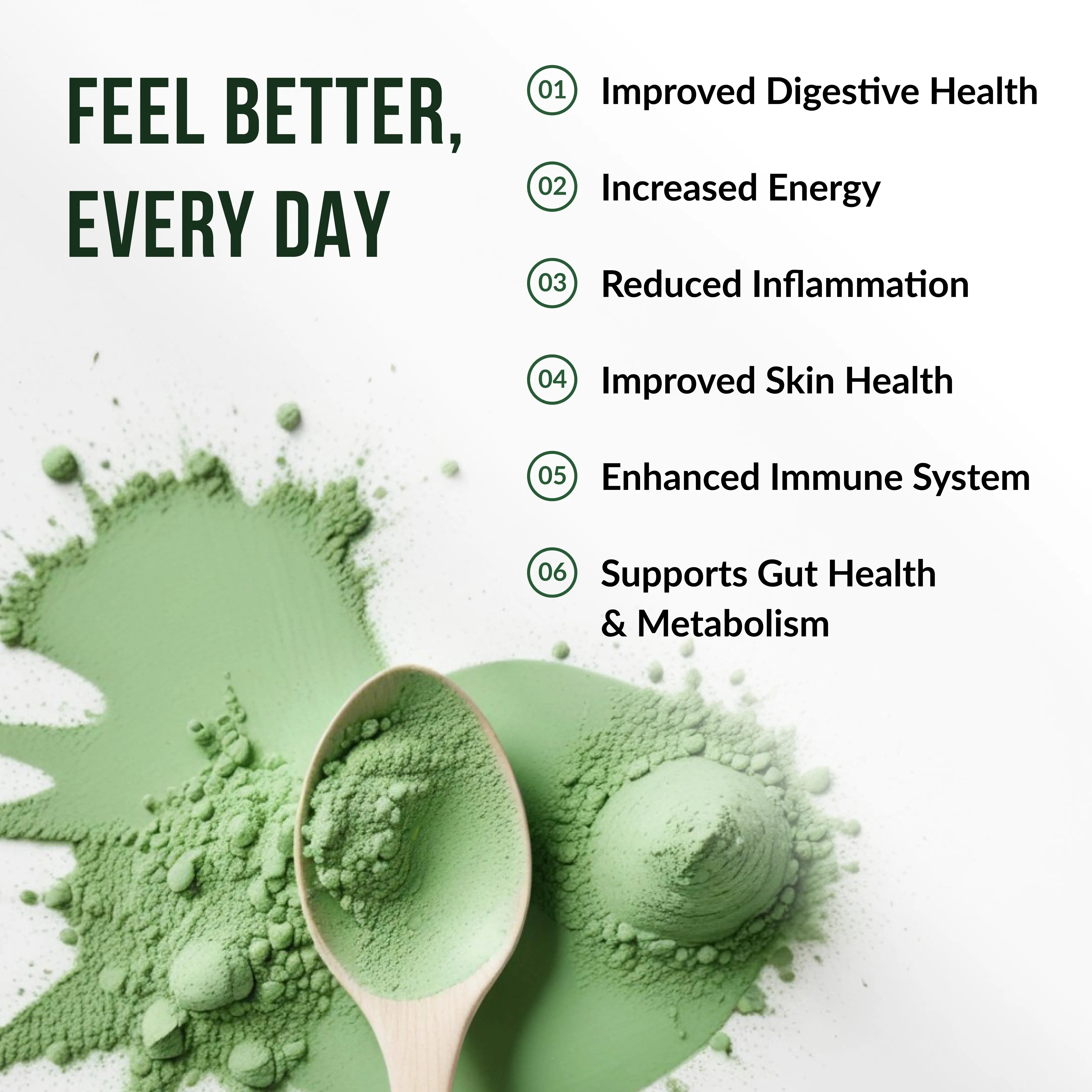 'Green powder supplement benefits listed with wooden spoon and powder spill.'