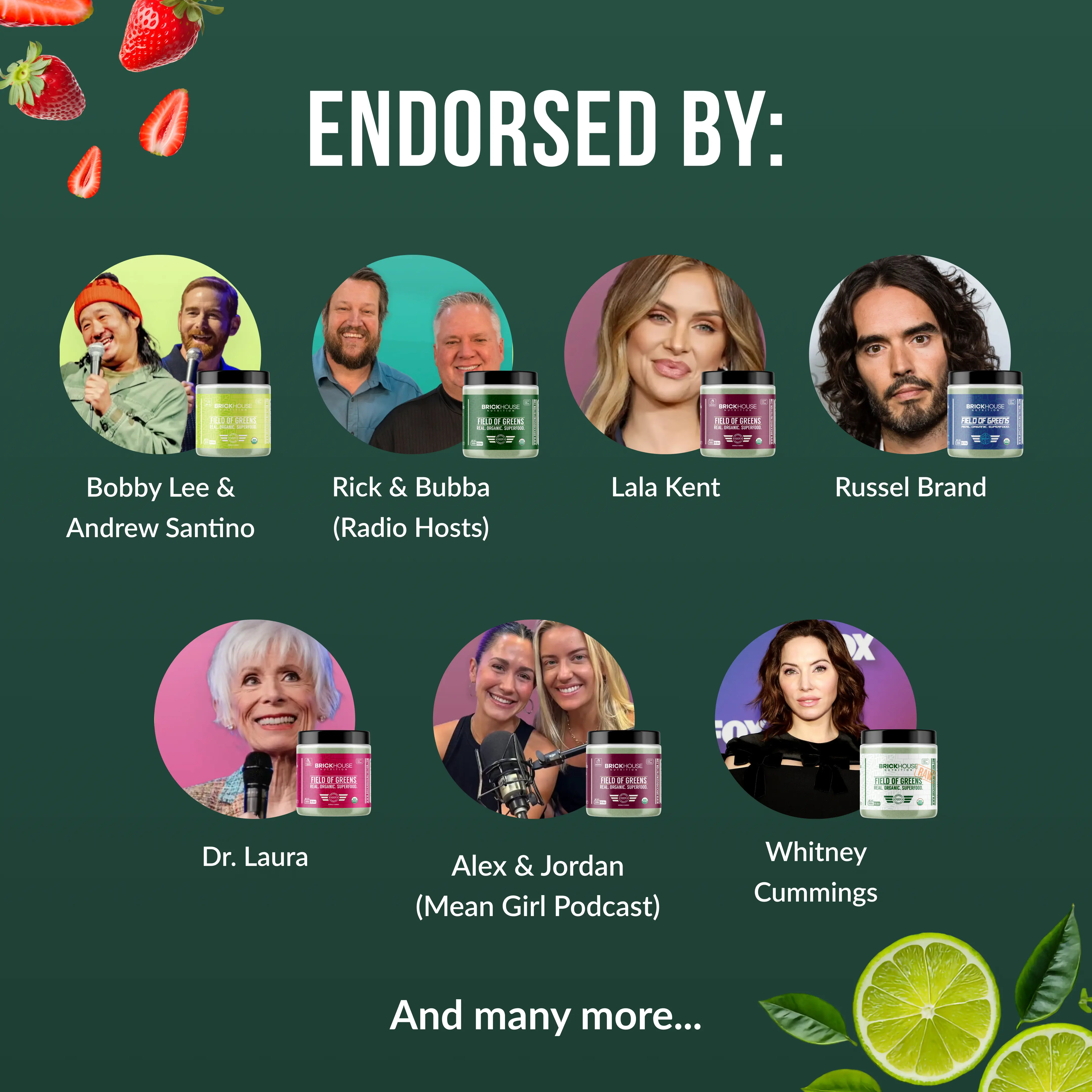 Promotional image showcasing endorsements for 'Field of Greens' by various celebrities and podcast hosts.