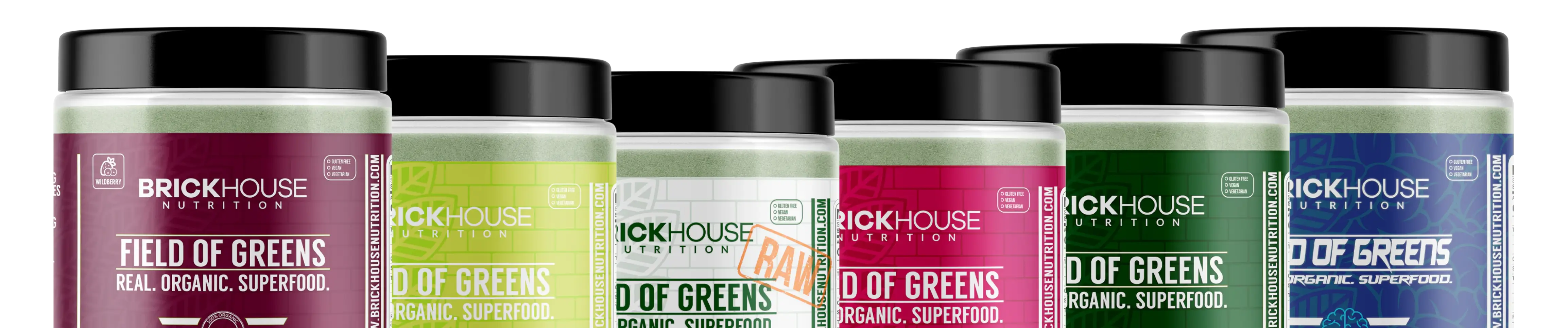 Assorted Brickhouse Nutrition 'Field of Greens' superfood containers in various colors.
