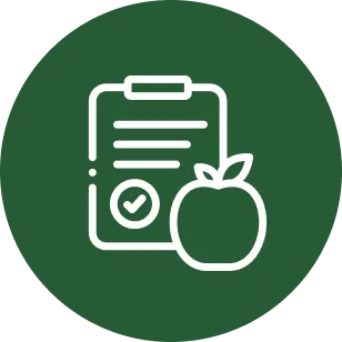 Icon of a clipboard with a checkmark and an apple over a green circle background.