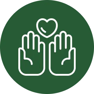 Icon of two hands with a heart above, on a green circular background.