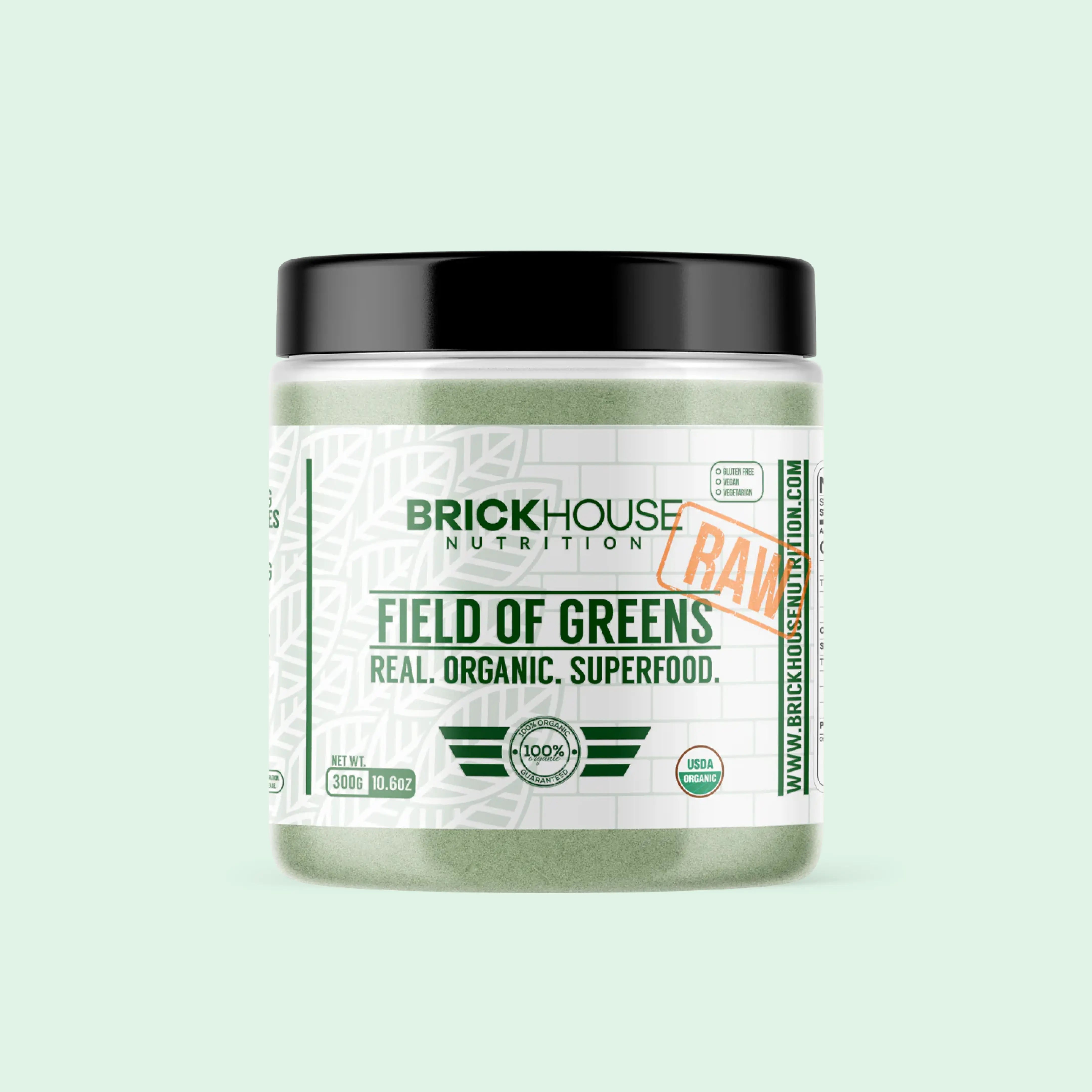 'BrickHouse Nutrition Field of Greens supplement in a green and black container.'