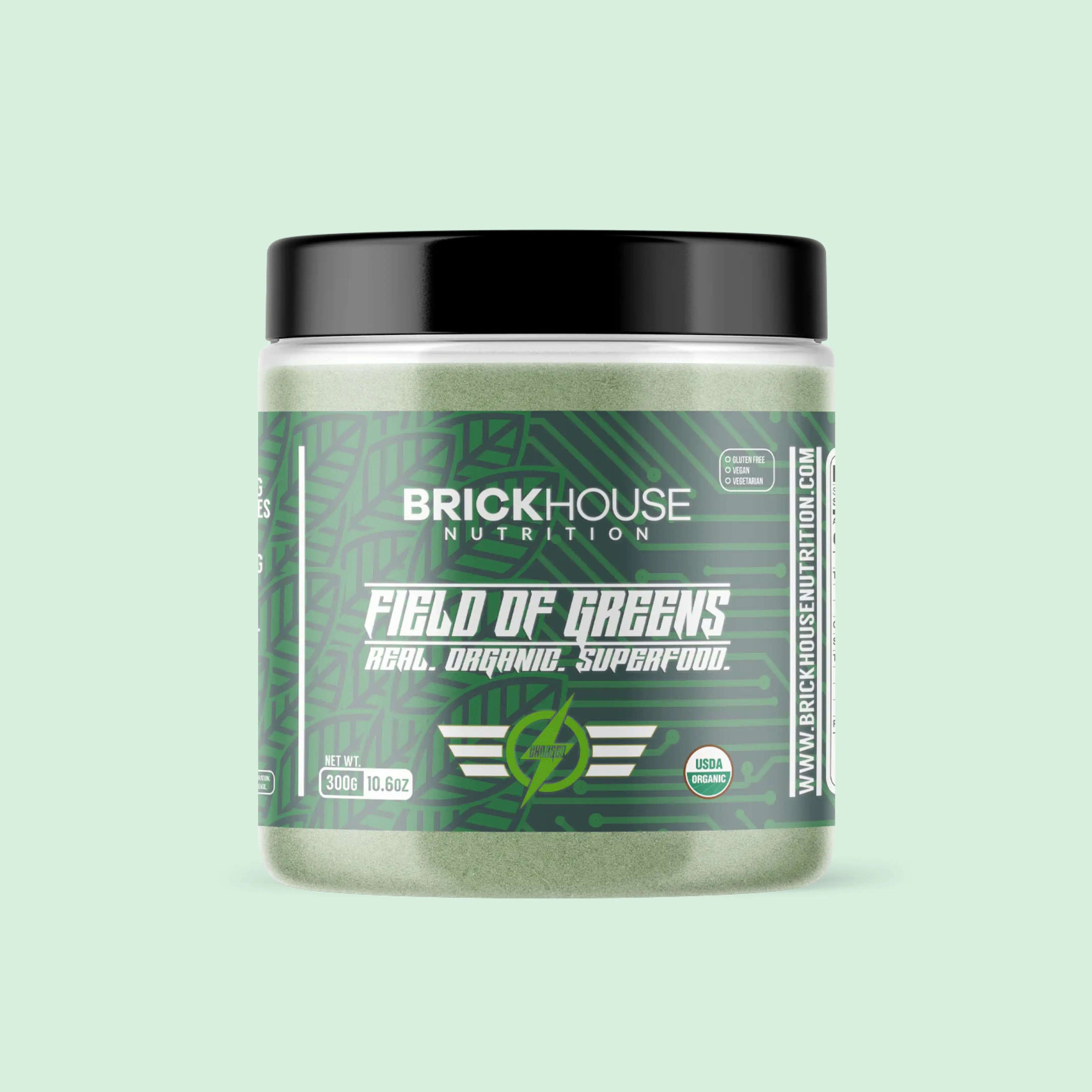 'BrickHouse Nutrition Field of Greens supplement in a green and black container.'