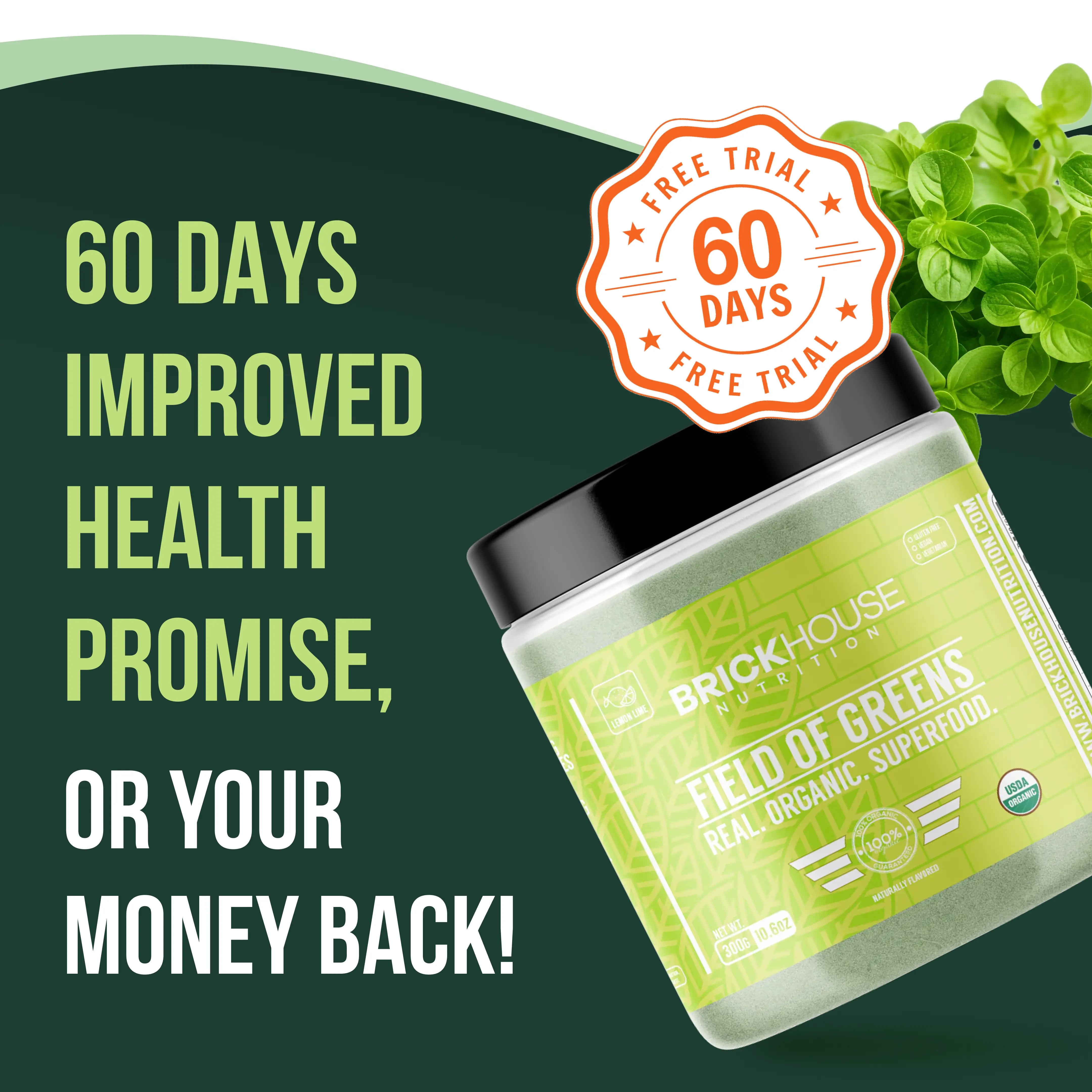 'Green superfood powder with a 60-day money-back guarantee for improved health.'