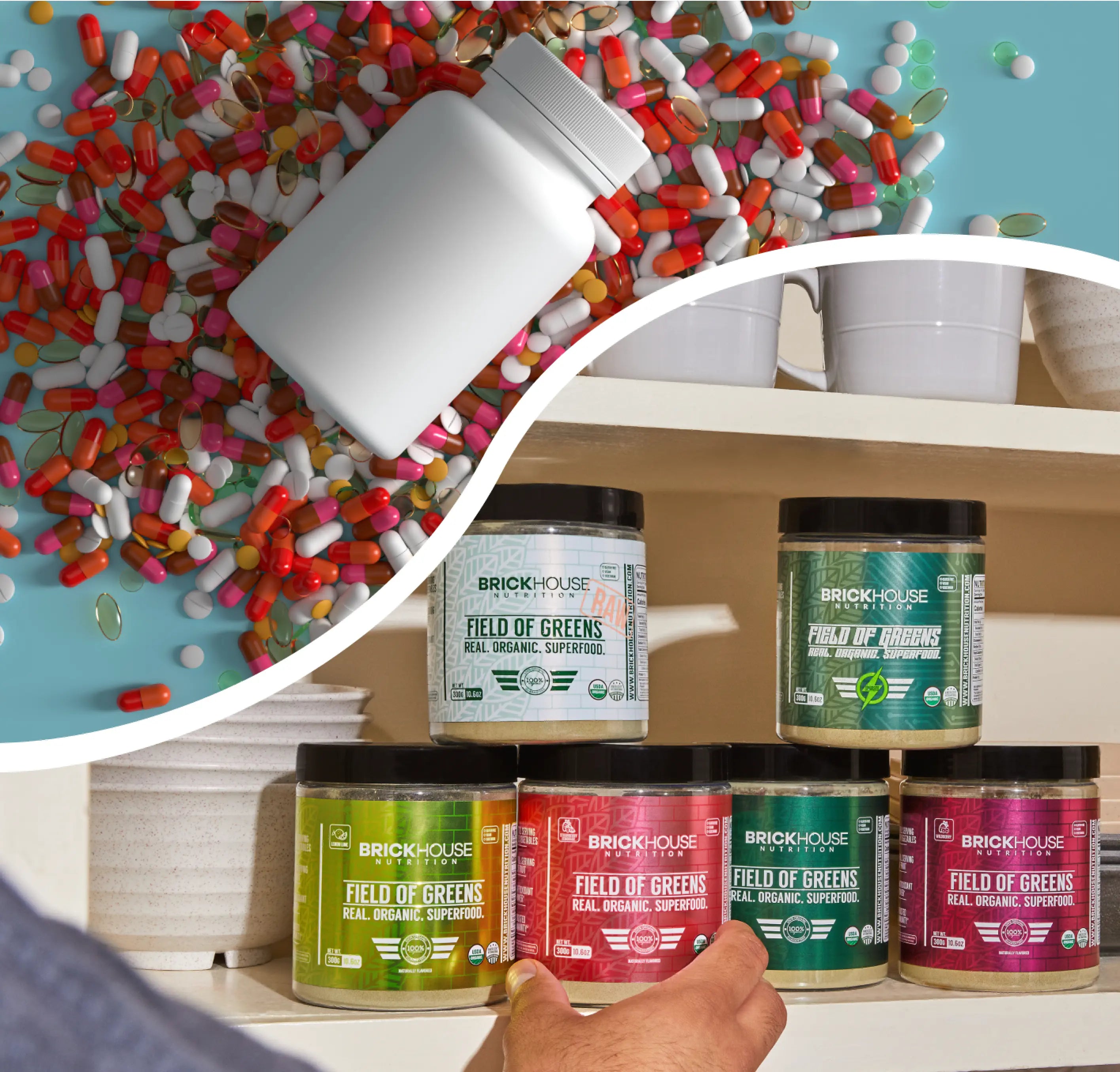 Plastic bottle on colorful pills; hand reaching for superfood supplements in cupboard.