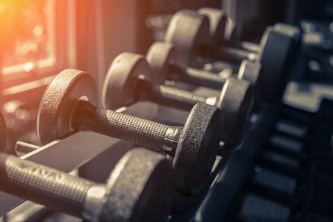 row of heavy dumbbells in gym