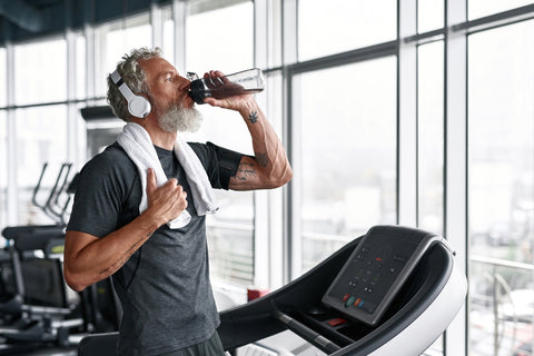 old man hydrating while doing exercise