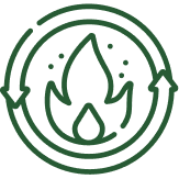 Green icon of a flame surrounded by circular arrows.
