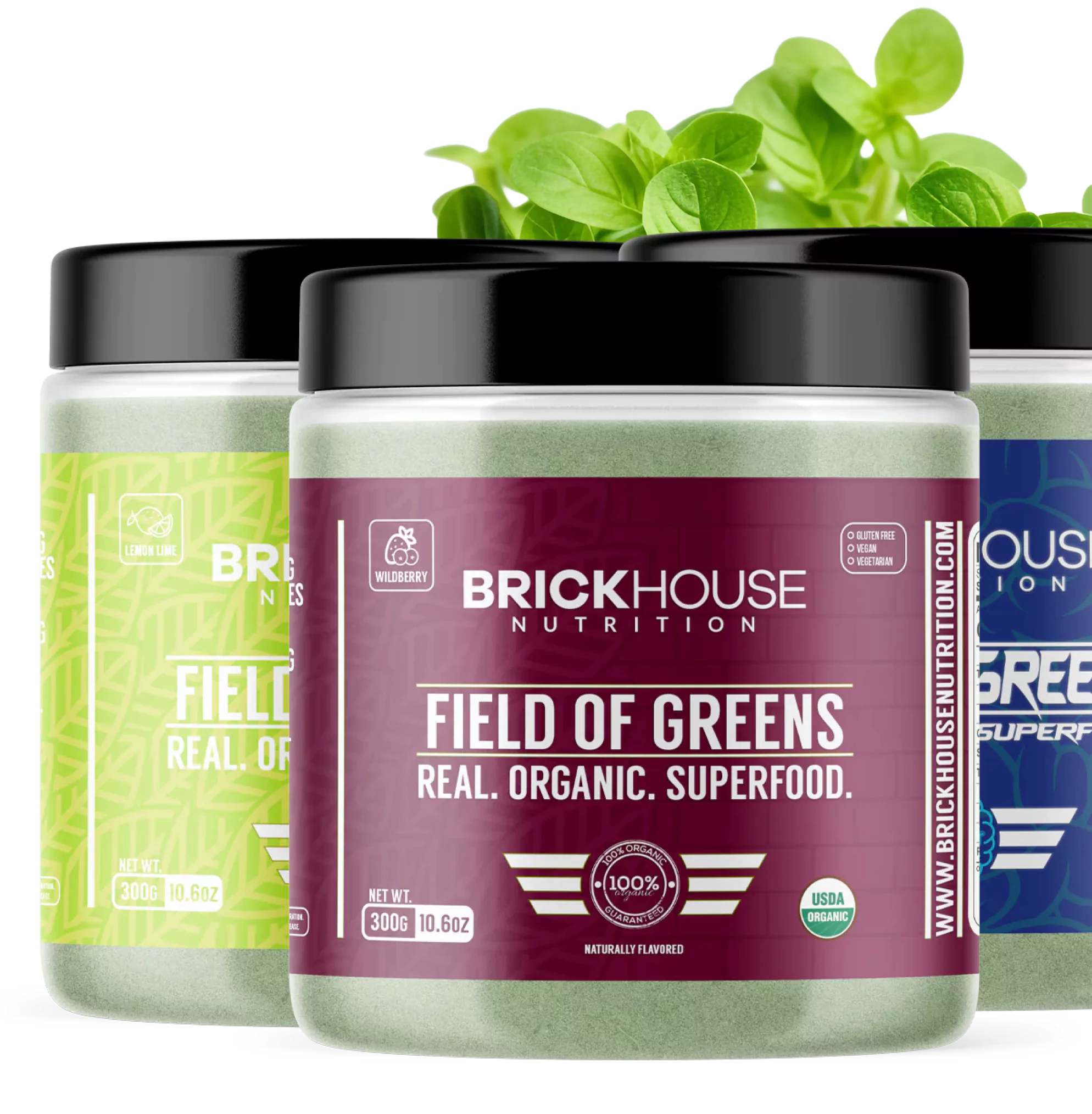 Three containers of Brickhouse Nutrition's 'Field of Greens' organic superfood powder in different flavors.