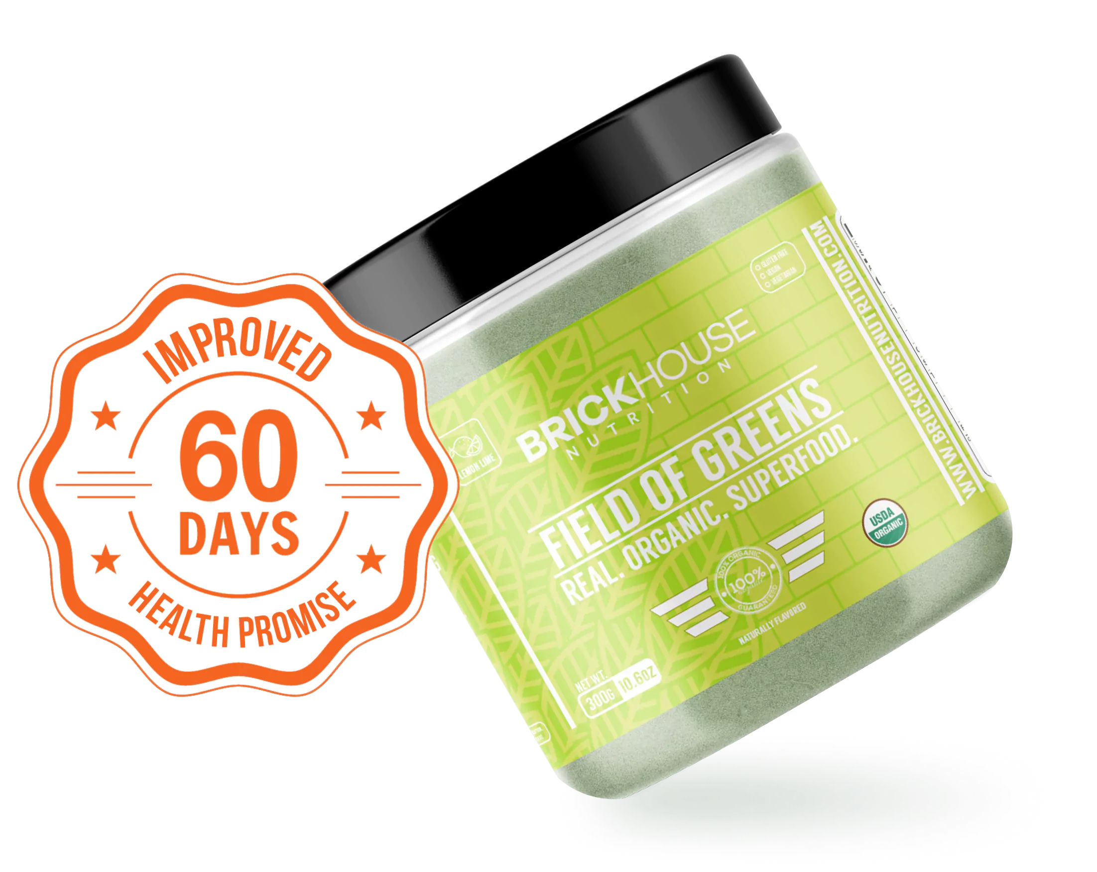 'BrickHouse Nutrition's Field of Greens container with a 60-day health promise label.'