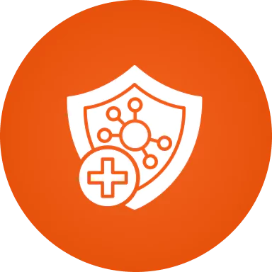Shield with a health cross icon on an orange circle background.