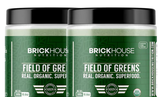 Two containers of Brickhouse Nutrition's Field of Greens organic superfood powder.