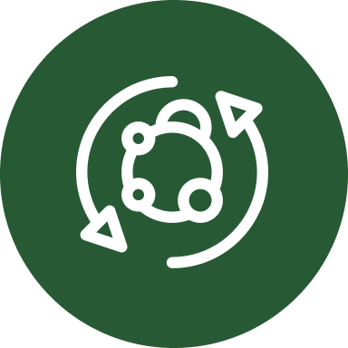 White interconnected circles and arrows symbol on a green circular background.