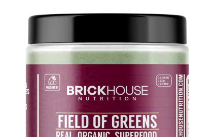 'BrickHouse Nutrition Field of Greens organic superfood powder container.'