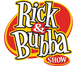 'Rick & Bubba Show logo with bold white and red text on a red and yellow background.'